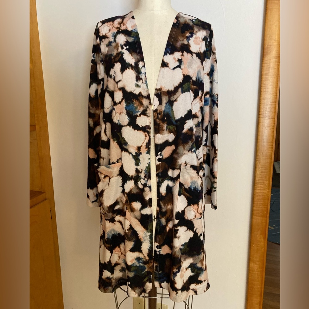 Nina Leonard Dolce Duster Cardigan Abstract Tie-dye Acid Wash Multi-colored Knit